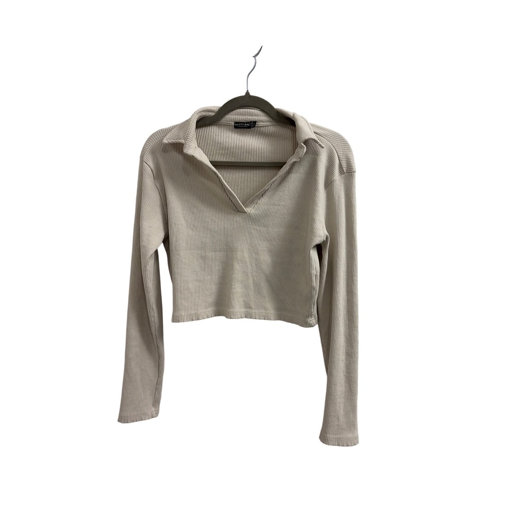 Nasty Gal Collection Womens Beige Ribbed Long Sleeve Cropped Polo Shirt US 12